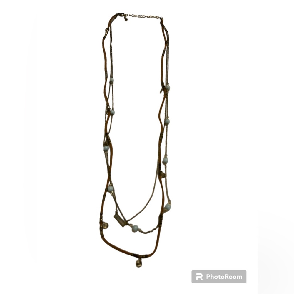 4/$20 Necklace: layered casual teal, leather, brown EUC